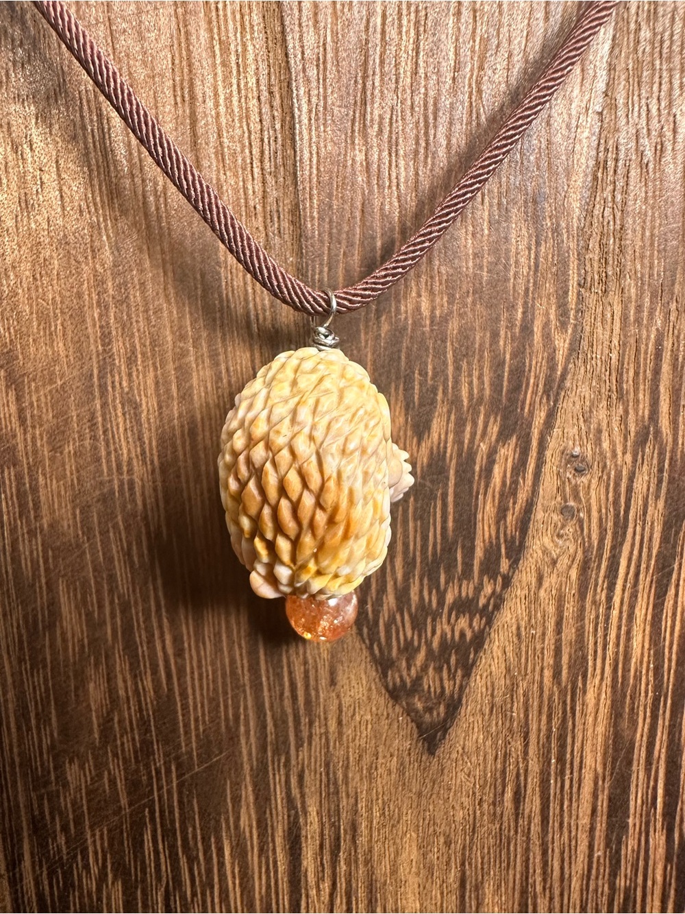 Alashan Agate Hedgehog Charm Pendant Necklace with Sunstone on Brown Rope - Picture 10 of 14